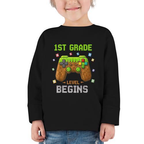 First Day Of 1st Grade Level Begins Back To School Boy Graphic Toddler Long Sleeve Tee - Savourry