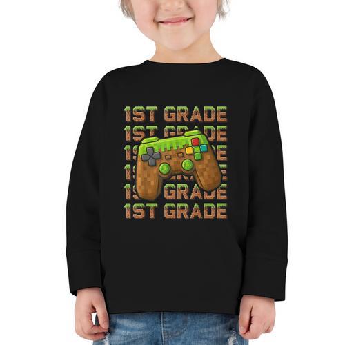 First Day Of 1st Grade Level Begins Back To School Girl Boy Graphic Toddler Long Sleeve Tee - Savourry