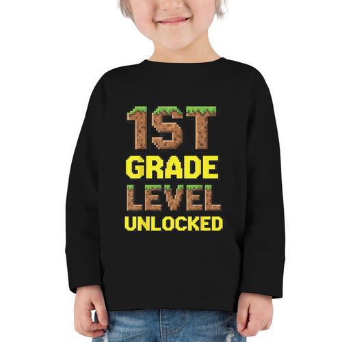 First Day Of 1st Grade Level Unlocked Back To School For Boy Graphic Toddler Long Sleeve Tee - Savourry