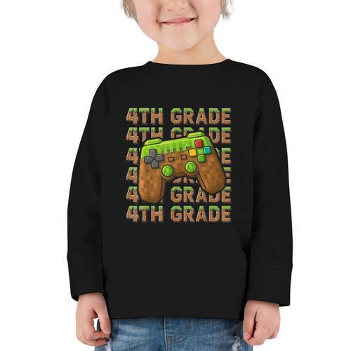 First Day Of 4th Grade Level Begins Back To School Girl Boy Graphic Toddler Long Sleeve Tee - Savourry