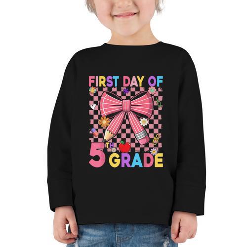 First Day Of 5th Grade Coquette Back To School Girls Kids Graphic Toddler Long Sleeve Tee - Savourry