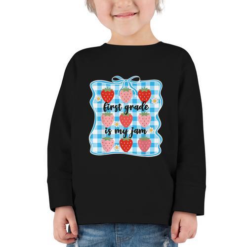 First Grade Is My Jam Strawberry 1st Grade Back To School Graphic Toddler Long Sleeve Tee - Savourry