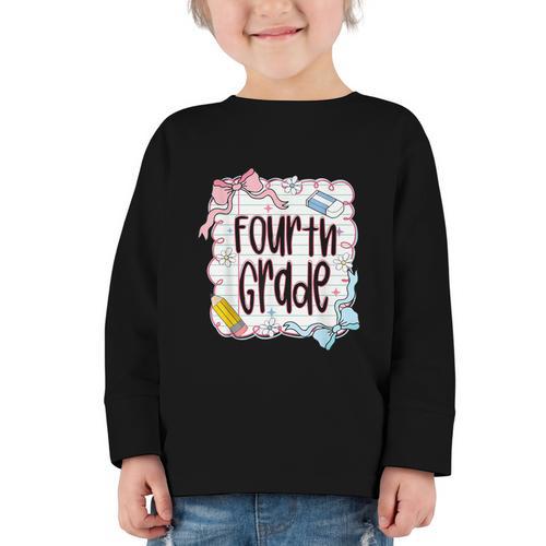 Fourth Grade Back To School For Girls Pink Notebook Graphic Toddler Long Sleeve Tee - Savourry