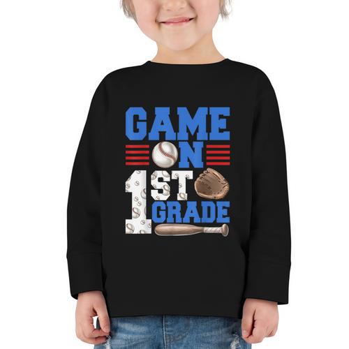 Game On First Grade Boy Baseball Back To School Graphic Toddler Long Sleeve Tee - Savourry