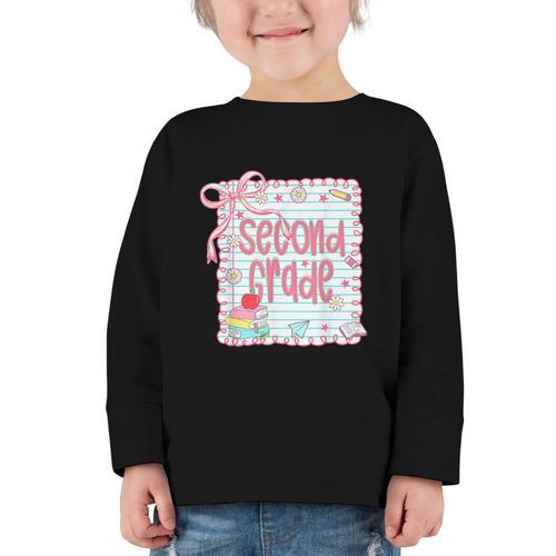 Girls Second Grade Coquette Bow Pink Preppy Back To School Graphic Toddler Long Sleeve Tee - Savourry