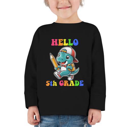 Hello 5th Grade Cute Dinosaur Back To School Boys Kids Girls Graphic Toddler Long Sleeve Tee - Savourry