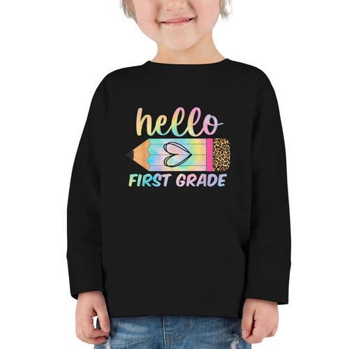 Hello First Grade Back To School Pencil Tie Dye 1st Grade Graphic Toddler Long Sleeve Tee - Savourry