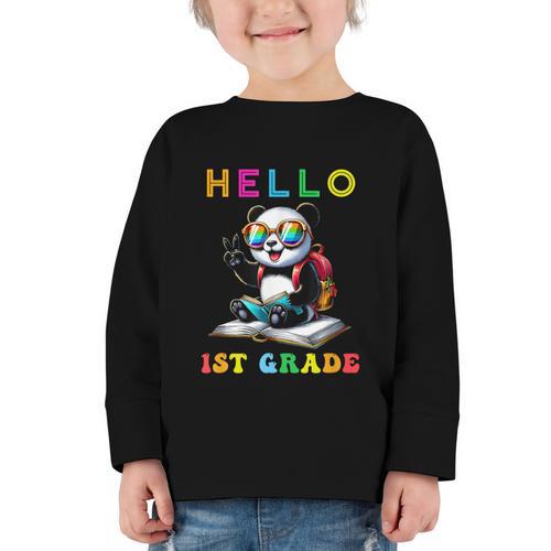 Hello First Grade Panda Lover Back To School Kids Boys Girls Graphic Toddler Long Sleeve Tee - Savourry
