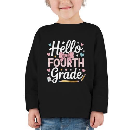 Hello Fourth Grade Back To School Girl Hearts Pink Bow Kids Graphic Toddler Long Sleeve Tee - Savourry