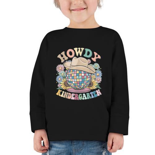 Howdy Kindergarten Cowgirl Country Western Back To School Graphic Toddler Long Sleeve Tee - Savourry