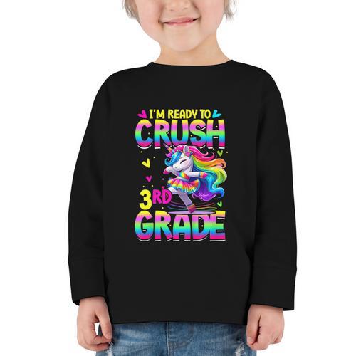 I'm Ready To Crush 3rd Grade Back To School Dancing Unicorn Graphic Toddler Long Sleeve Tee - Savourry