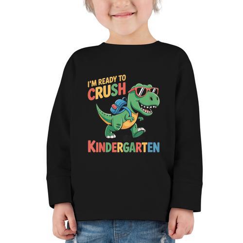 I'm Ready To Crush Kindergarten T-Rex Back To School Dino Graphic Toddler Long Sleeve Tee - Savourry