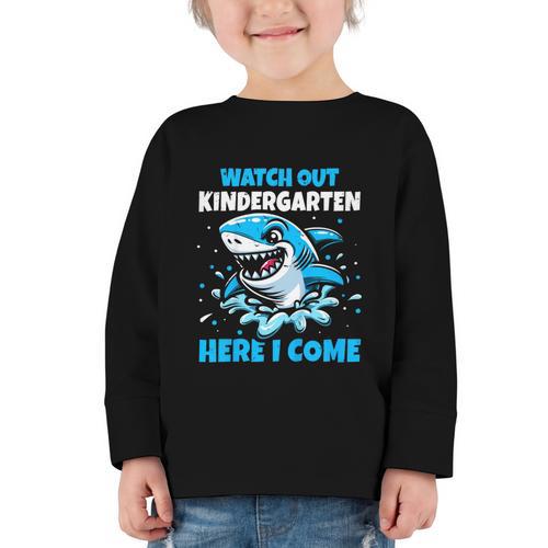 Kids Back To School Watch Out Kindergarten Here I Come Shark Boys Graphic Toddler Long Sleeve Tee - Savourry