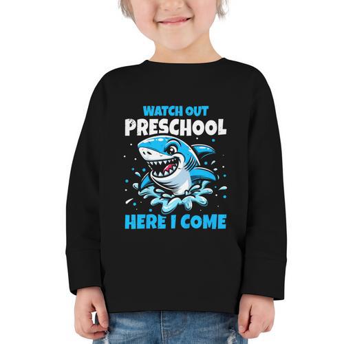 Kids Back To School Watch Out Preschool Here I Come Shark Boys Graphic Toddler Long Sleeve Tee - Savourry