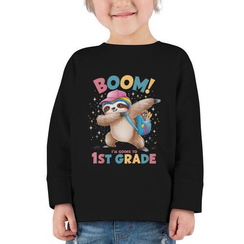 Kids Boom I'm Going To 1st Grade Dabbing Sloth For Back To School Graphic Toddler Long Sleeve Tee - Savourry