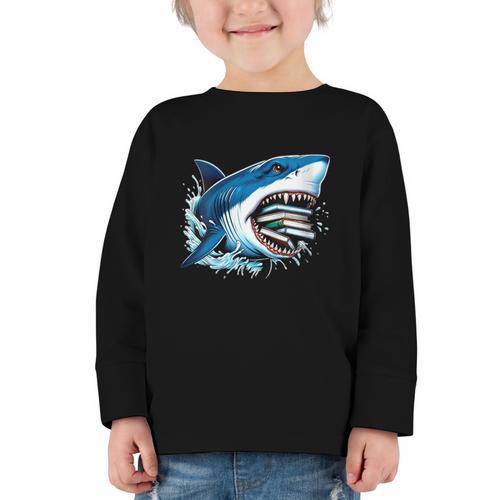Kids Shark With School Books Back To School Shark Lovers Graphic Toddler Long Sleeve Tee - Savourry