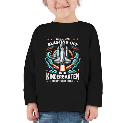 Kindergarten Back To School Rocket Blast Off Graphic Toddler Long Sleeve Tee - Savourry