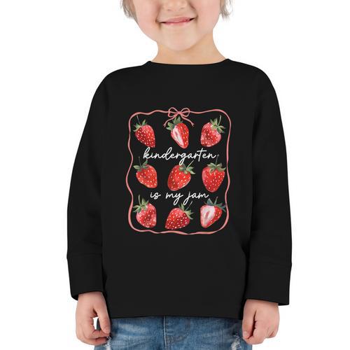 Kindergarten Is My Jam Strawberry Back To School Girls Boys Graphic Toddler Long Sleeve Tee - Savourry