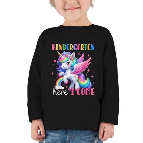 Kindergarten Here I Come Unicorn Girls Kids Back To School Graphic Toddler Long Sleeve Tee - Savourry