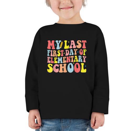 My Last First Day Of Elementary School Groovy Back To School Graphic Toddler Long Sleeve Tee - Savourry