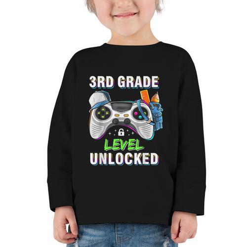 Level 3rd Grade Unlocked Back To School First Day Boys Kids Graphic Toddler Long Sleeve Tee - Savourry
