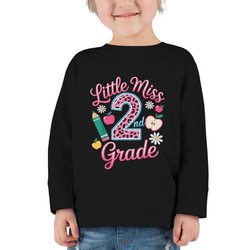 Little Miss 2nd Grade Grader Girls 1st Day Back To School Graphic Toddler Long Sleeve Tee - Savourry