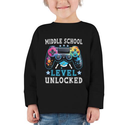 Middle School Level Unlocked Gamer First Day Back To School Graphic Toddler Long Sleeve Tee - Savourry