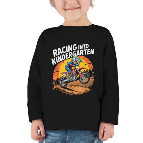 Motocross Back To School Dirt Bike Racing Into Kindergarten Graphic Toddler Long Sleeve Tee - Savourry