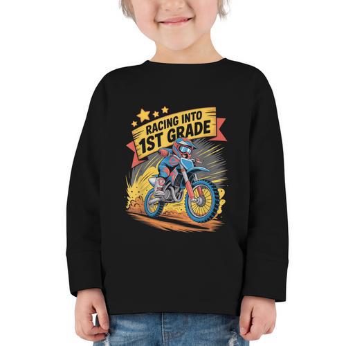 Motocross Dirt Bike Back To School Racing Into 1st Grade Graphic Toddler Long Sleeve Tee - Savourry