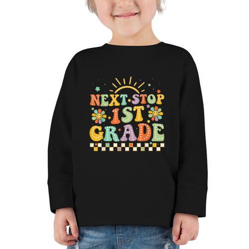 Next Stop 1st Grade Groovy Retro First Grade Back To School Graphic Toddler Long Sleeve Tee - Savourry