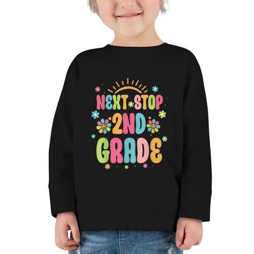 Next Stop 2nd Grade Groovy Retro Second Grade Back To School Graphic Toddler Long Sleeve Tee - Savourry
