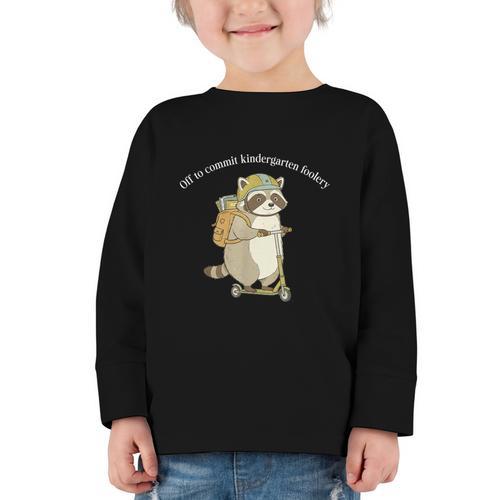 Off To Commit Kindergarten Foolery Raccoon Back To School Graphic Toddler Long Sleeve Tee - Savourry