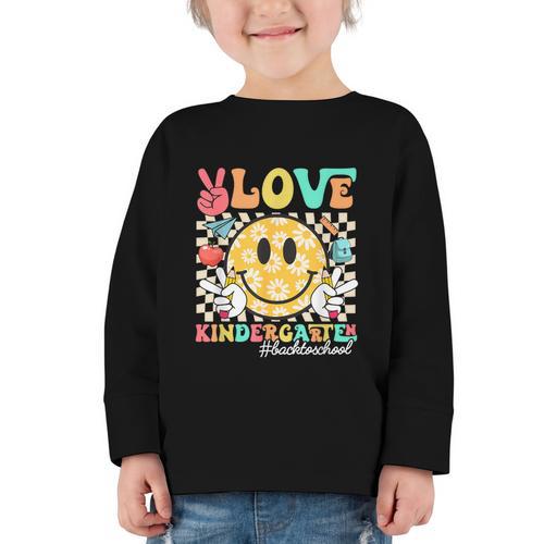 Peace Love Kindergarten Smile Face Back To School Girls Kids Graphic Toddler Long Sleeve Tee - Savourry