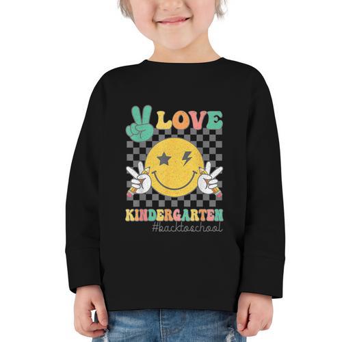 Peace Love Kindergarten Smile Face Hippie Back To School Graphic Toddler Long Sleeve Tee - Savourry