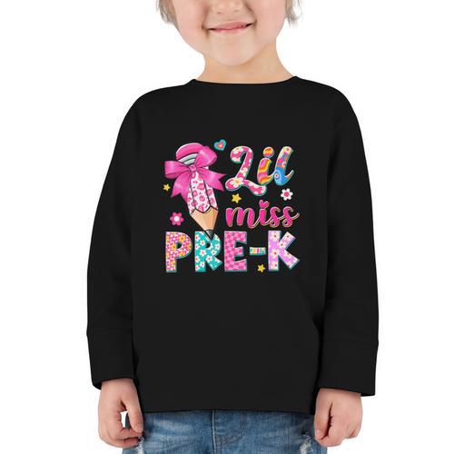 Pencil Bow Lil Miss Pre-K Pre-K Back To School Graphic Toddler Long Sleeve Tee - Savourry