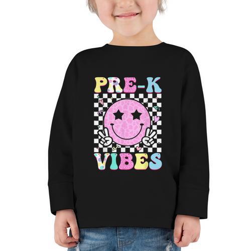 Pre-K Vibes Groovy Back To School PreK Preschool Girls Kids Graphic Toddler Long Sleeve Tee - Savourry