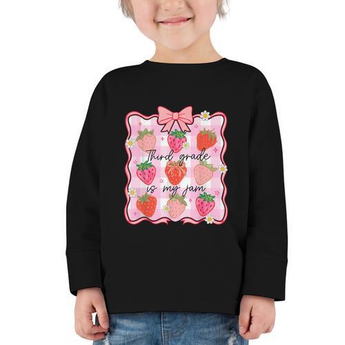 Preppy Back To School 3rd Grade Is My Jam Strawberry Bow Graphic Toddler Long Sleeve Tee - Savourry