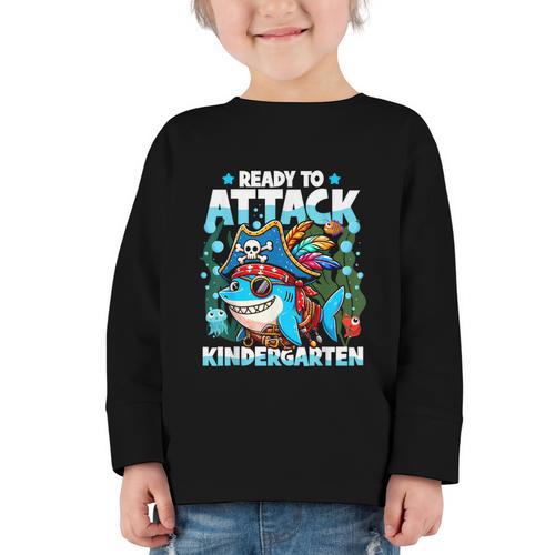 Ready To Attack Kindergarten Pirate Shark Back To School Graphic Toddler Long Sleeve Tee - Savourry