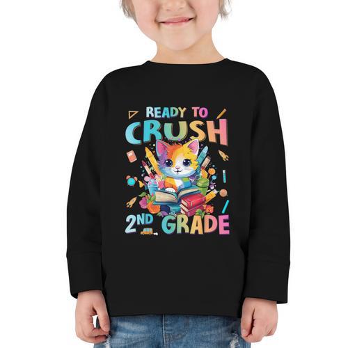 Ready To Crush 2nd Grade Back To School 2nd Grade Cat Kitten Graphic Toddler Long Sleeve Tee - Savourry
