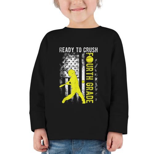 Ready To Crush Fourth Grade Softball USA Flag Back To School Graphic Toddler Long Sleeve Tee - Savourry