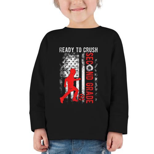 Ready To Crush Second Grade Soccer USA Flag Back To School Graphic Toddler Long Sleeve Tee - Savourry