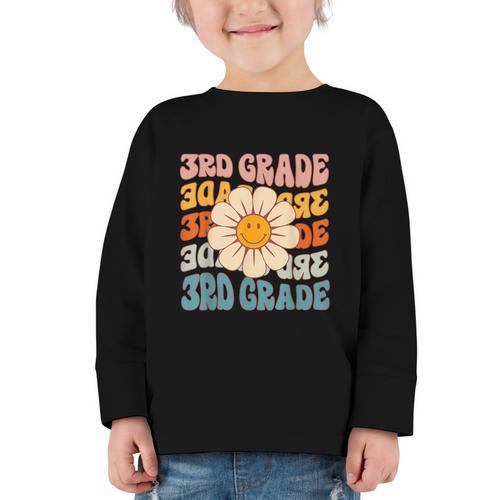 Retro 3rd Grade Daisy Colorful Back To School Third Grade Graphic Toddler Long Sleeve Tee - Savourry