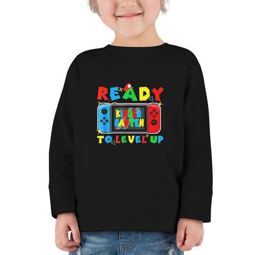Retro Back To School Kindergarten Ready To Level Up Gamer Graphic Toddler Long Sleeve Tee - Savourry