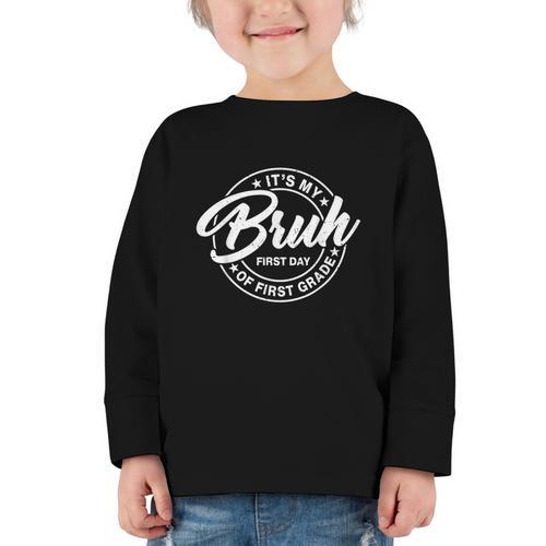 Retro Bruh Its My First Day Of 1st Grade Back To School Kids Graphic Toddler Long Sleeve Tee - Savourry