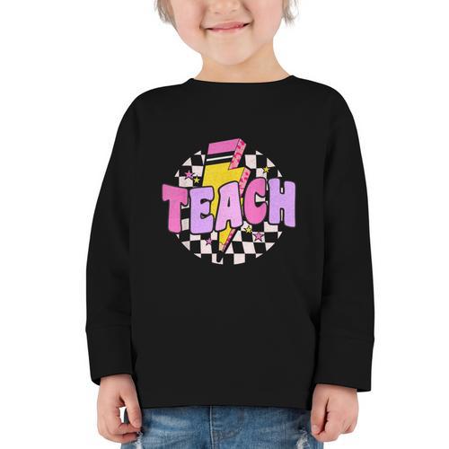 Retro Checkered Teach Pencil Lightning Back To School Graphic Toddler Long Sleeve Tee - Savourry