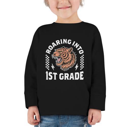 Roaring Into 1st Grade Roaring Tiger Back To School Boy Girl Graphic Toddler Long Sleeve Tee - Savourry