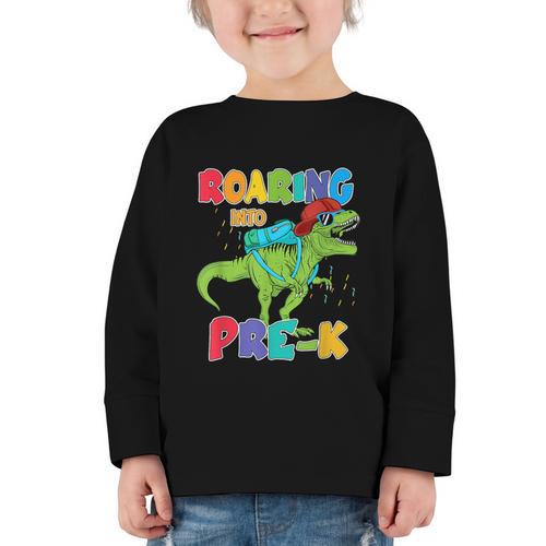 Roaring Into Pre-K Preschool Dinosaur Back To School Graphic Toddler Long Sleeve Tee - Savourry