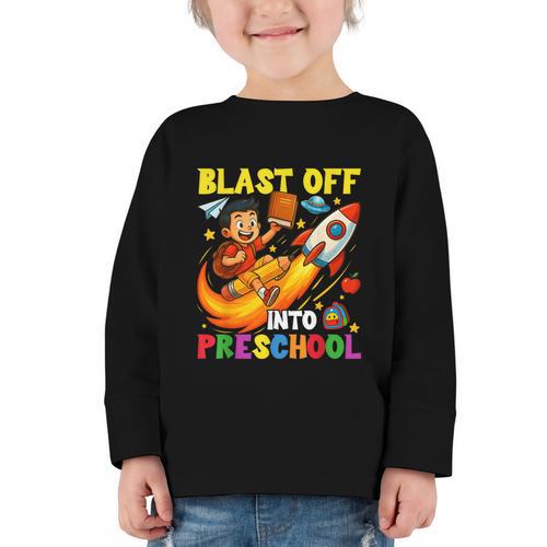 Rocket Blast Off Into Preschool Back To School Graphic Toddler Long Sleeve Tee - Savourry