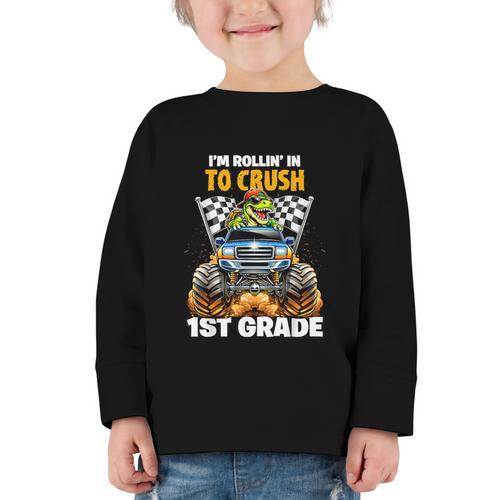 Rollin Crush Dinosaur Monster Truck Back To School 1st Grade Graphic Toddler Long Sleeve Tee - Savourry