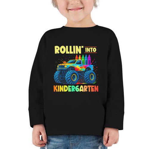 Rollin' Into Kindergarten Monster Car Back To School Boys Graphic Toddler Long Sleeve Tee - Savourry